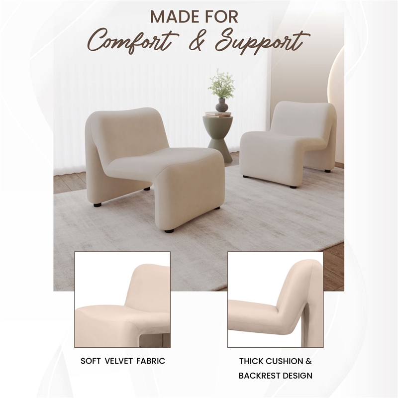 Accent Chair Upholstered in Velvet Padded Seat Iron Base in Beige