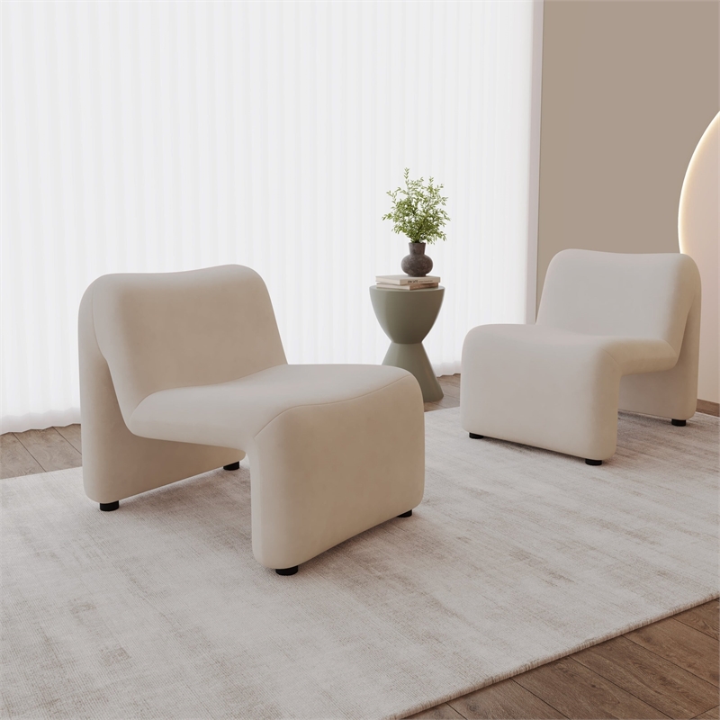 Accent Chair Upholstered in Velvet Padded Seat Iron Base in Beige