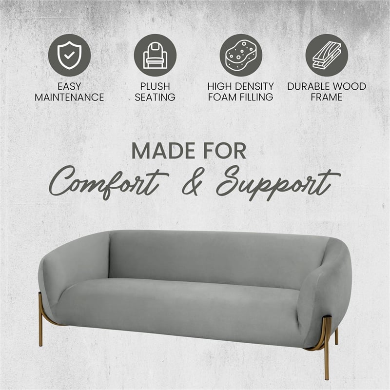 Zuno Three-Seater Upholstered Velvet Sofa with Gold Iron Legs in Light Gray