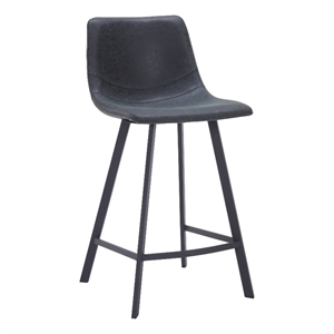 35&quot Leather Counter Stool with Stainless Steel Base & Footrest in Charcoal Black