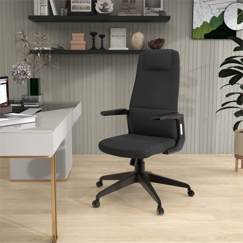 High-Back Office Chair in Leather Adjustable Height Swivel in Black
