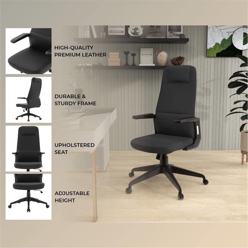 High-Back Office Chair in Leather Adjustable Height Swivel in Black