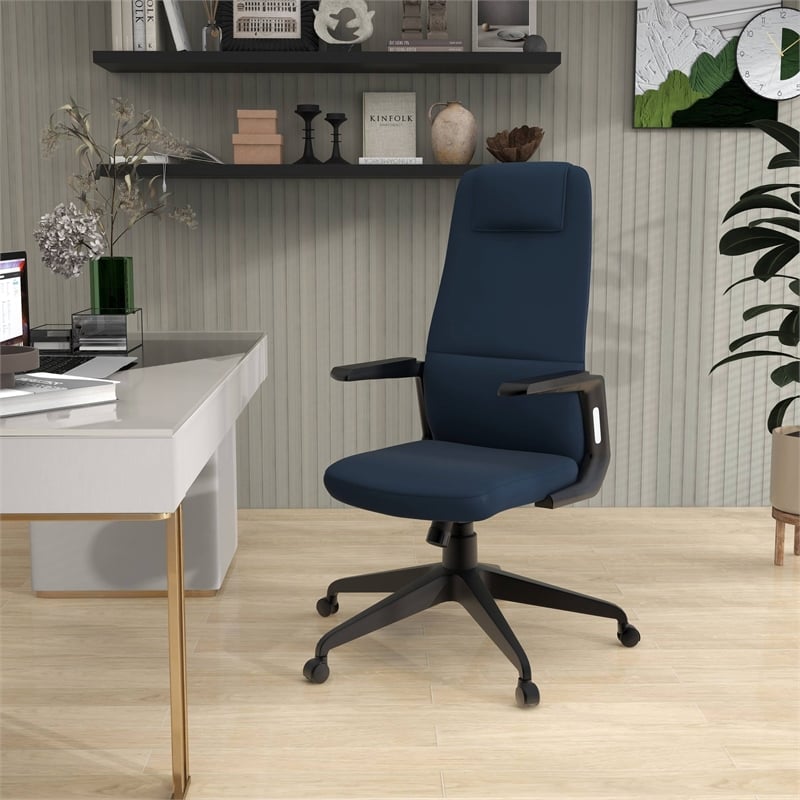 High-Back Office Chair in Leather Adjustable Height Swivel in Blue