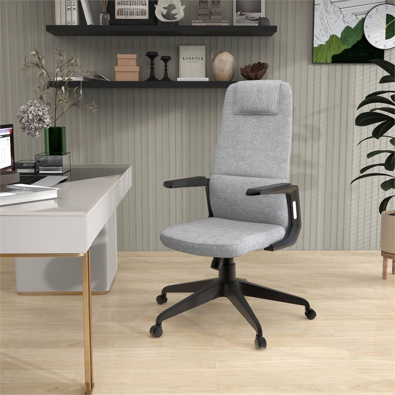 High-Back Office Chair in Polyester Adjustable Height Swivel in Gray Polyester