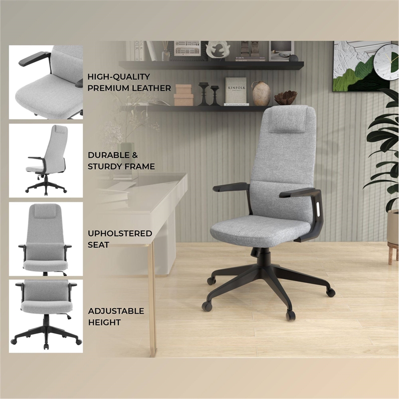 High-Back Office Chair in Polyester Adjustable Height Swivel in Gray Polyester