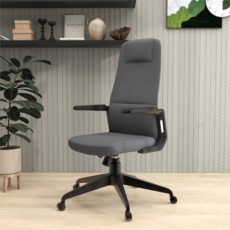 High-Back Office Chair in Leather Adjustable Height Swivel in Gray