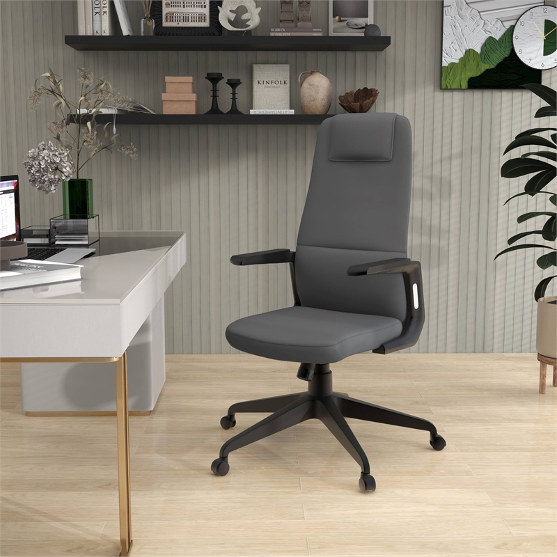 High-Back Office Chair in Leather Adjustable Height Swivel in Gray