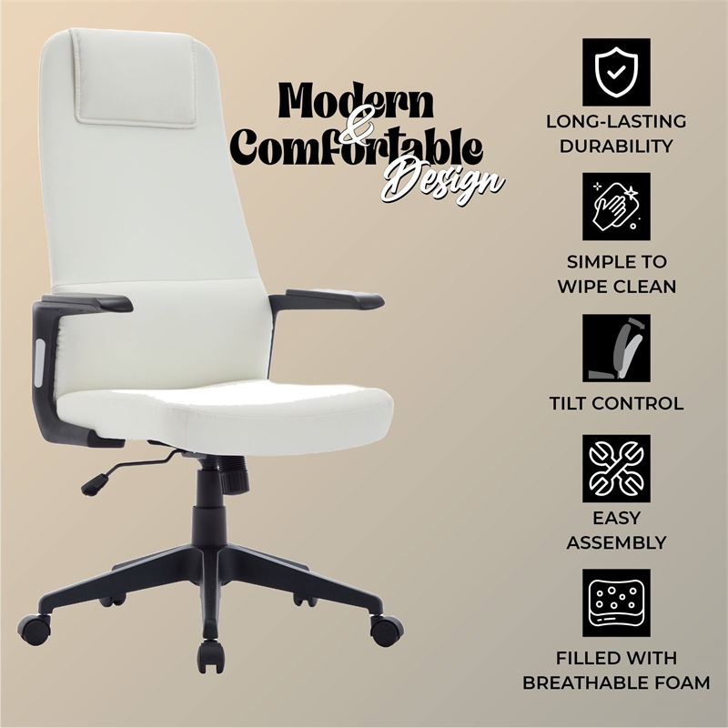 High-Back Office Chair in Leather Adjustable Height Swivel in White