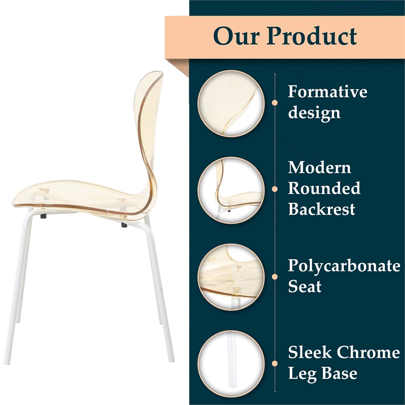 Transparent Plastic Dining Chair White Stainless Steel Base in Amber