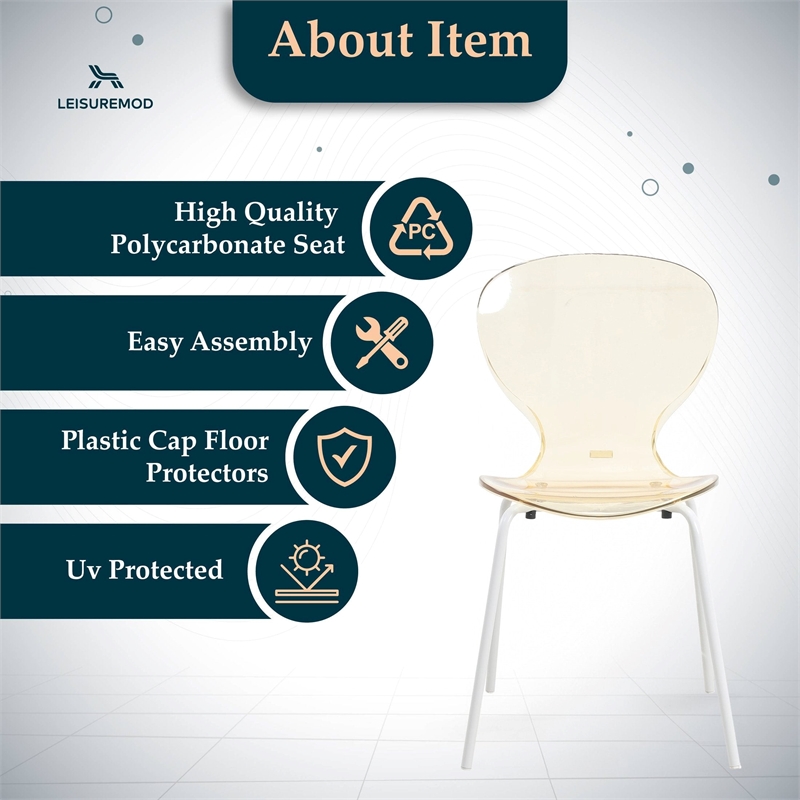 Transparent Plastic Dining Chair White Stainless Steel Base in Amber