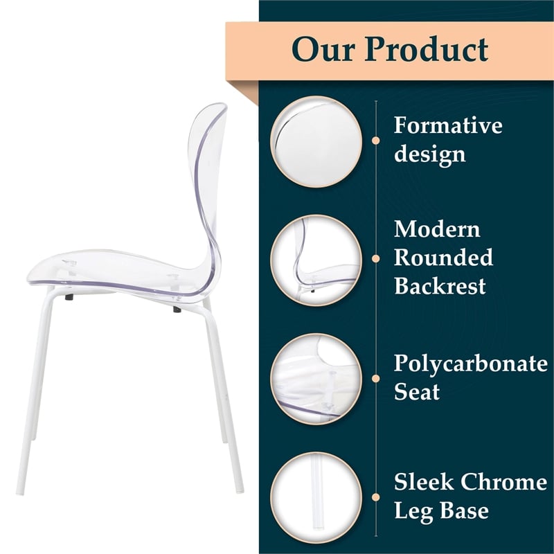 Transparent Plastic Dining Chair White Stainless Steel Base in Clear