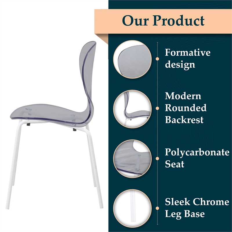 Transparent Plastic Dining Chair White Stainless Steel Base in Transparent Black