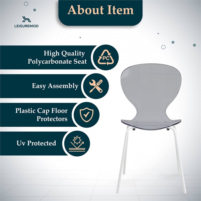 Transparent Plastic Dining Chair White Stainless Steel Base in Transparent Black