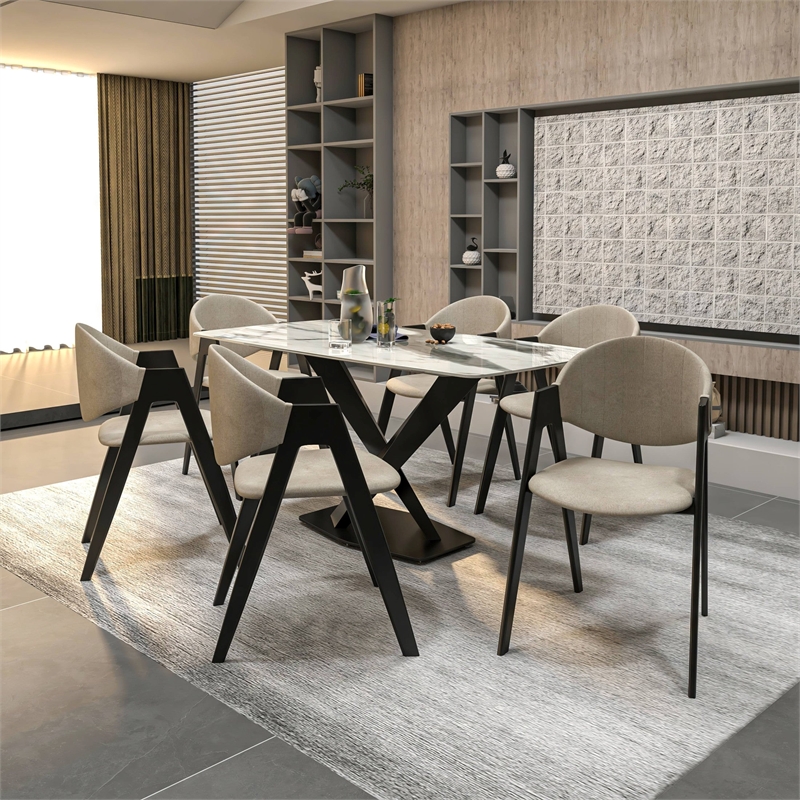 Dining Chair in Polyester with Curved Back and Iron Base in Gray