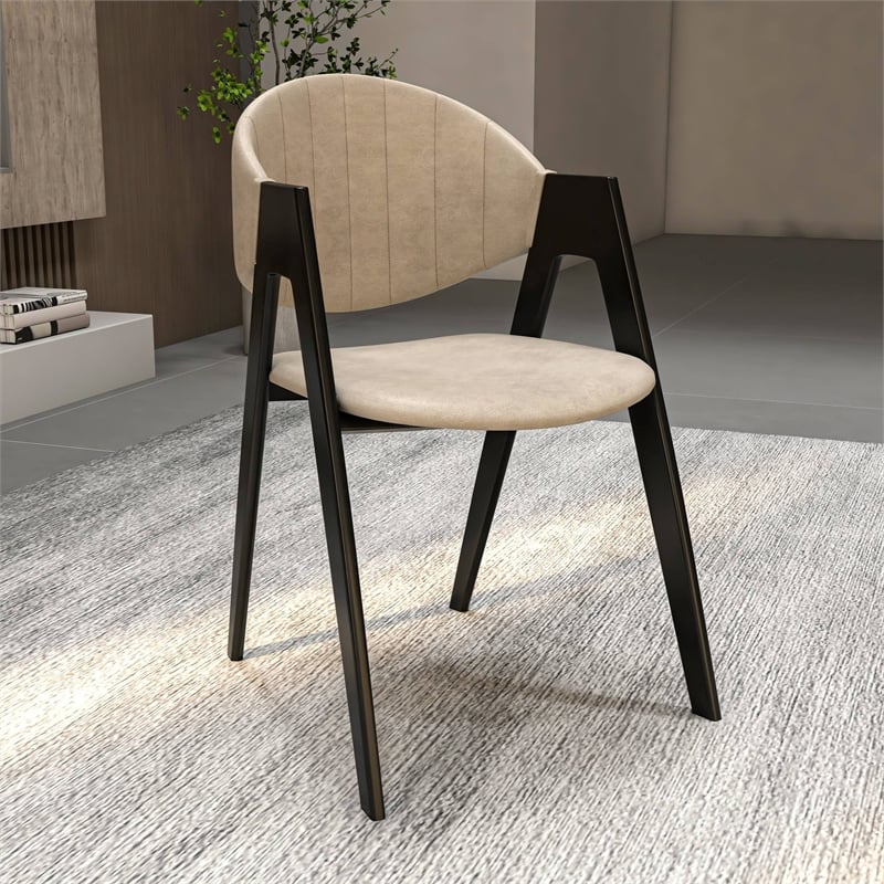 Dining Chair in Leather with Curved Back and Iron Base in Taupe