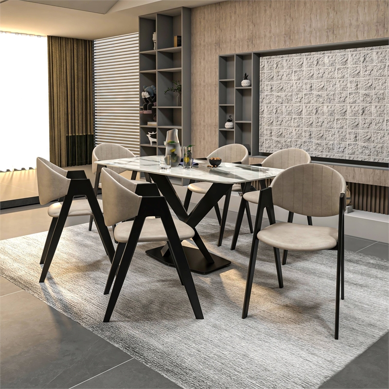 Dining Chair in Leather with Curved Back and Iron Base in Taupe