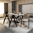 Dining Chair in Leather with Curved Back and Iron Base in Taupe
