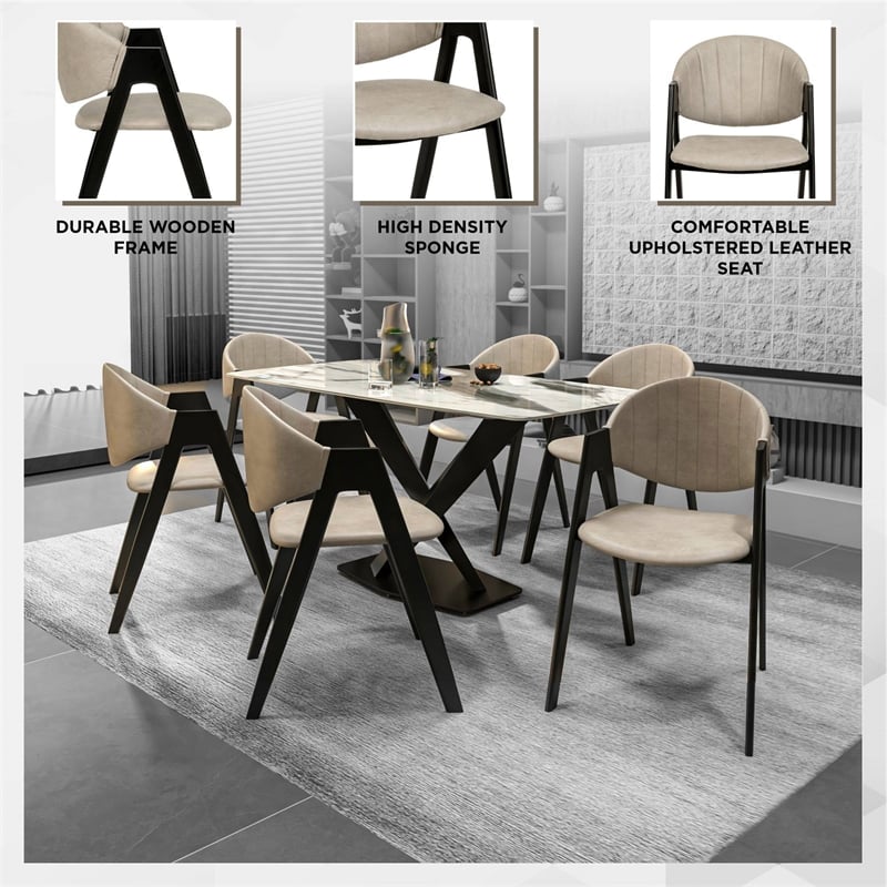 Dining Chair in Leather with Curved Back and Iron Base in Taupe