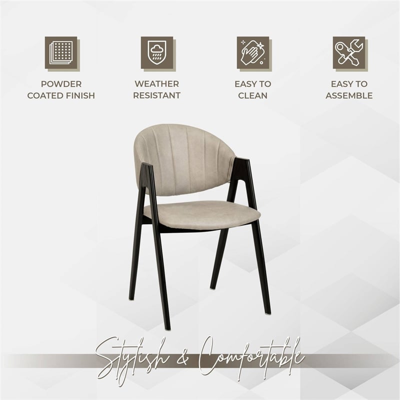 Dining Chair in Leather with Curved Back and Iron Base in Taupe
