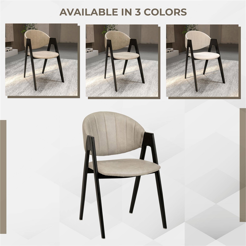 Dining Chair in Leather with Curved Back and Iron Base in Taupe