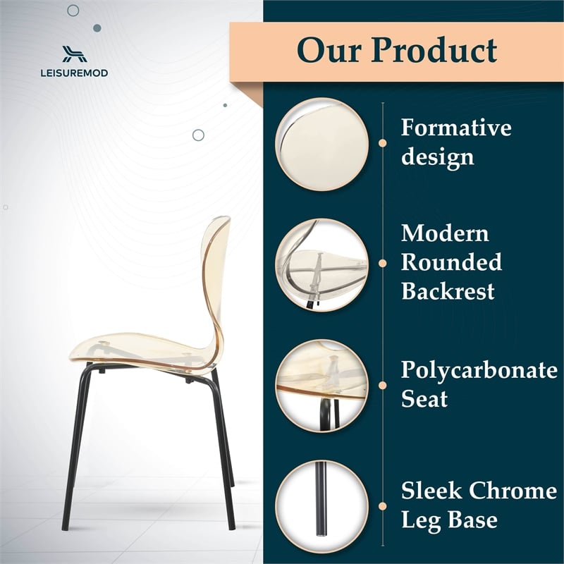 Transparent Plastic Side Chair with Black Metal Base in Amber