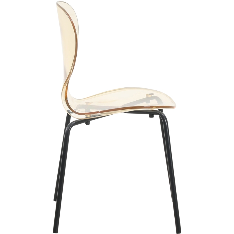 Transparent Plastic Side Chair with Black Metal Base in Amber
