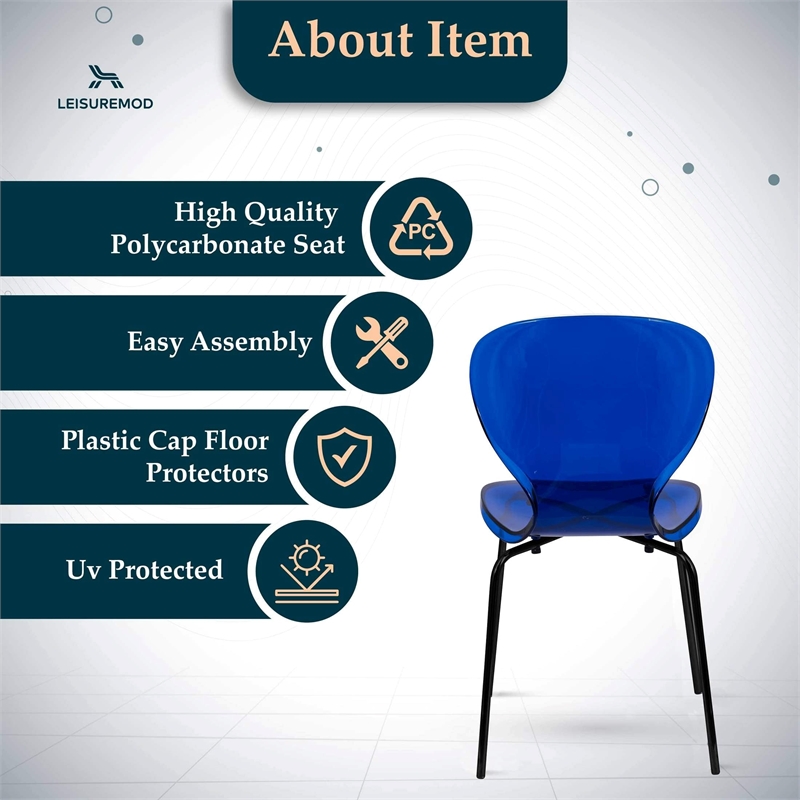 Transparent Plastic Side Chair with Black Metal Base in Blue