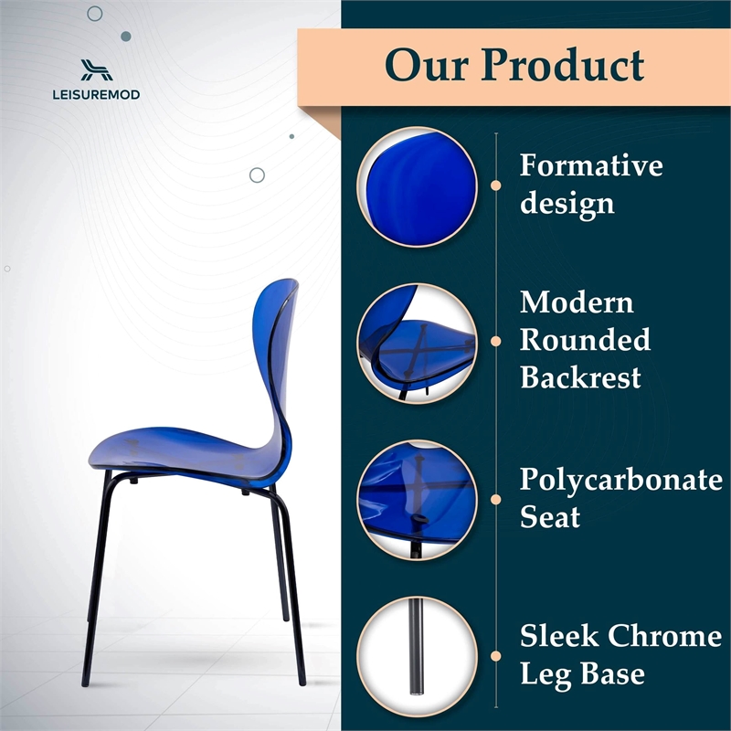 Transparent Plastic Side Chair with Black Metal Base in Blue