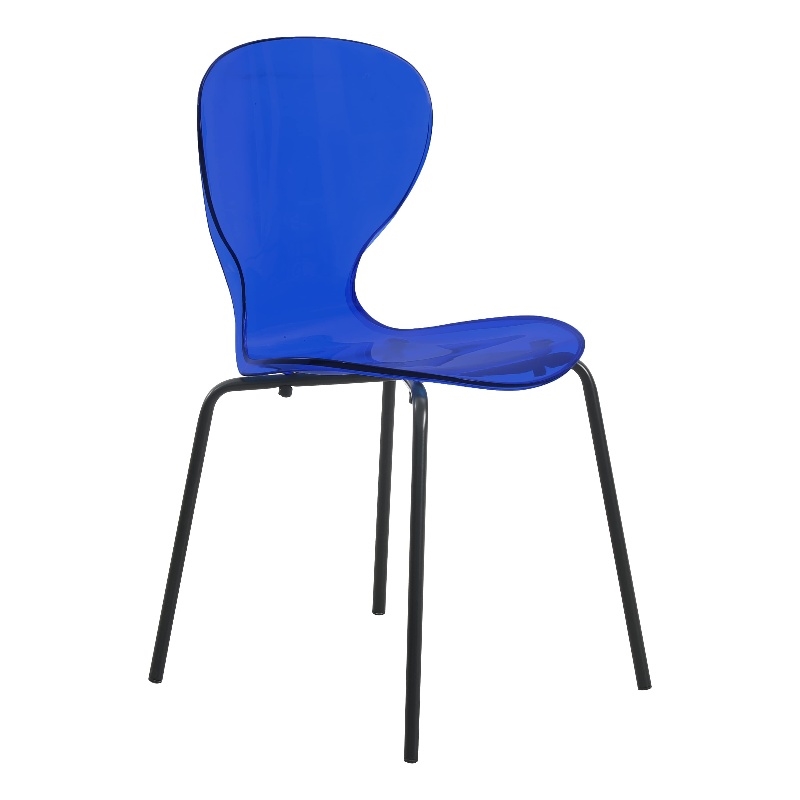 Transparent Plastic Side Chair with Black Metal Base in Blue