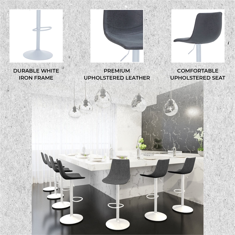 Adjustable Height Bar Stool in Leather with White Iron Base in Charcoal Black