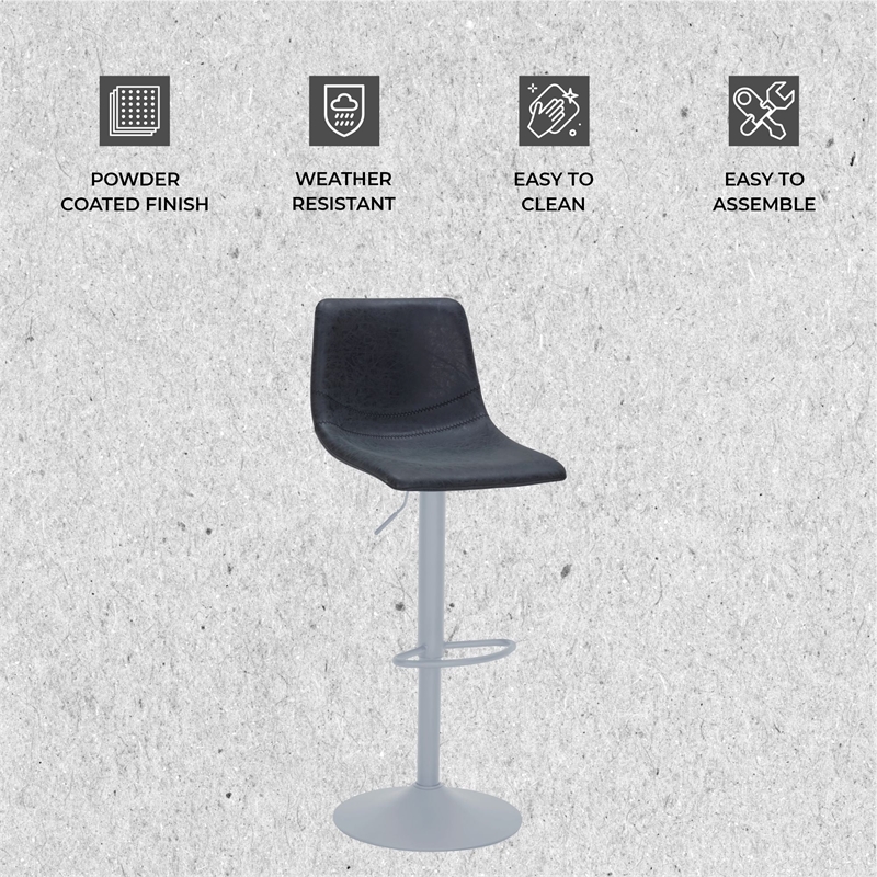 Adjustable Height Bar Stool in Leather with White Iron Base in Charcoal Black