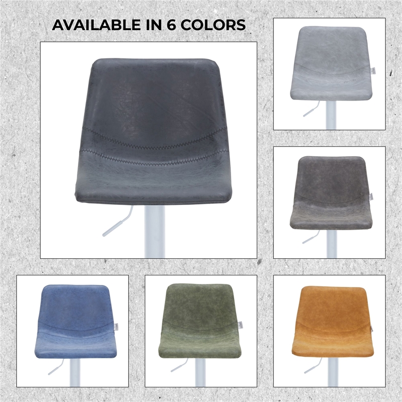 Adjustable Height Bar Stool in Leather with White Iron Base in Charcoal Black