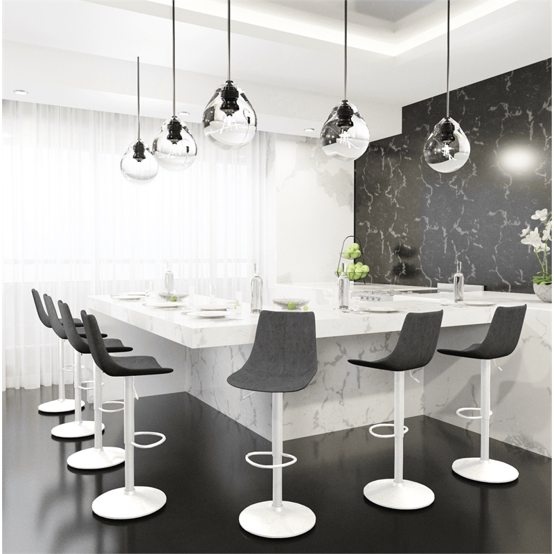 Adjustable Height Bar Stool in Leather with White Iron Base in Charcoal Black