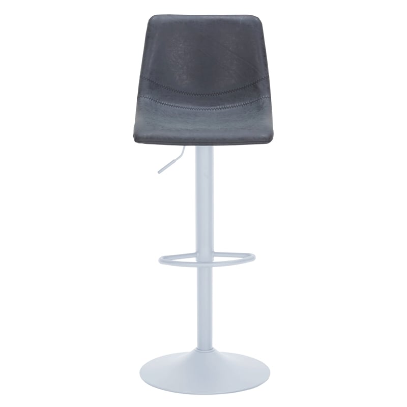 Adjustable Height Bar Stool in Leather with White Iron Base in Charcoal Black