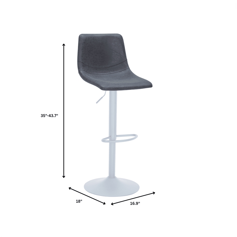 Adjustable Height Bar Stool in Leather with White Iron Base in Charcoal Black