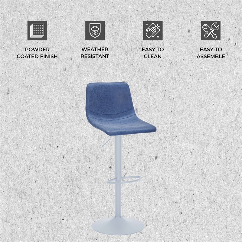 Adjustable Height Bar Stool in Leather with White Iron Base in Peacock Blue