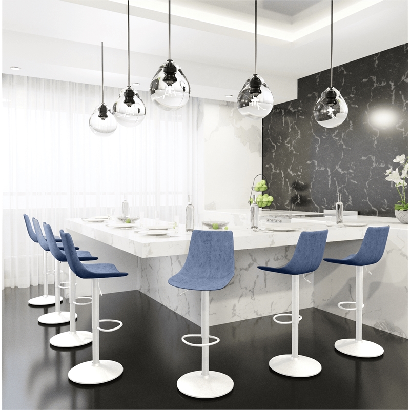 Adjustable Height Bar Stool in Leather with White Iron Base in Peacock Blue