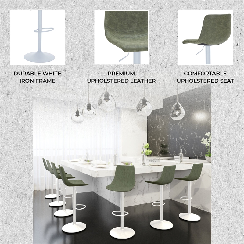 Adjustable Height Bar Stool in Leather with White Iron Base in Olive Green