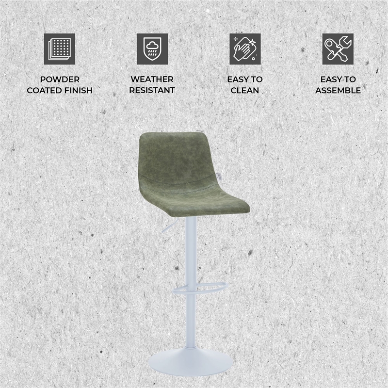 Adjustable Height Bar Stool in Leather with White Iron Base in Olive Green