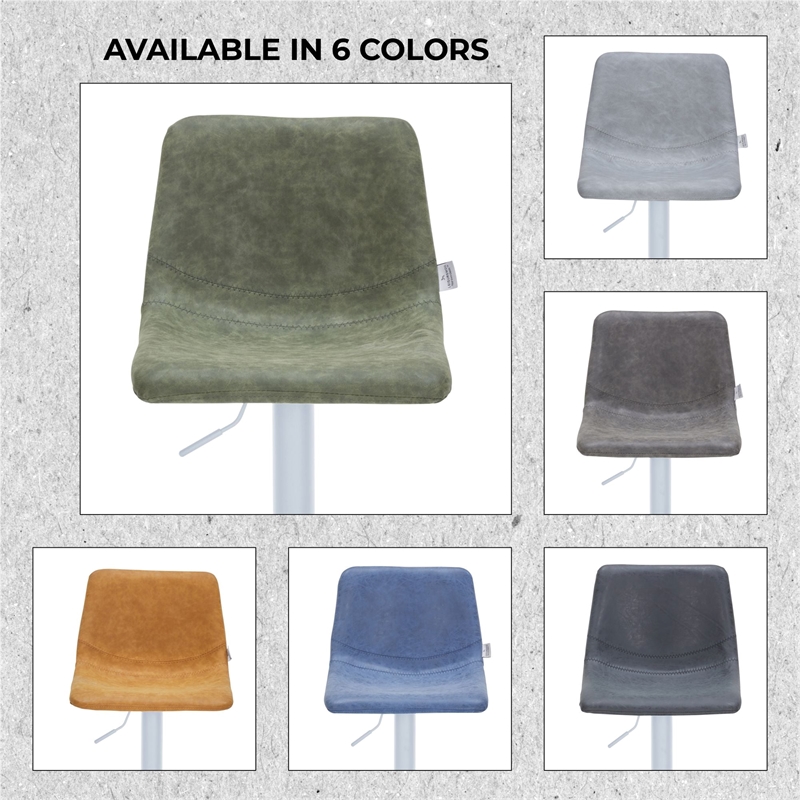 Adjustable Height Bar Stool in Leather with White Iron Base in Olive Green