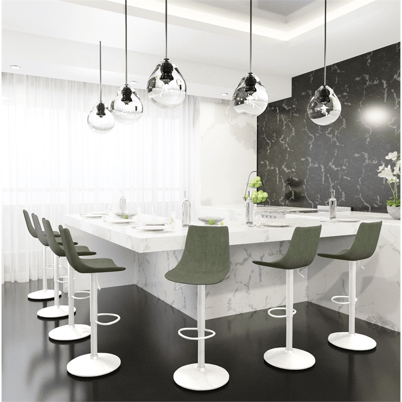 Adjustable Height Bar Stool in Leather with White Iron Base in Olive Green