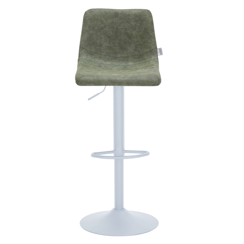 Adjustable Height Bar Stool in Leather with White Iron Base in Olive Green