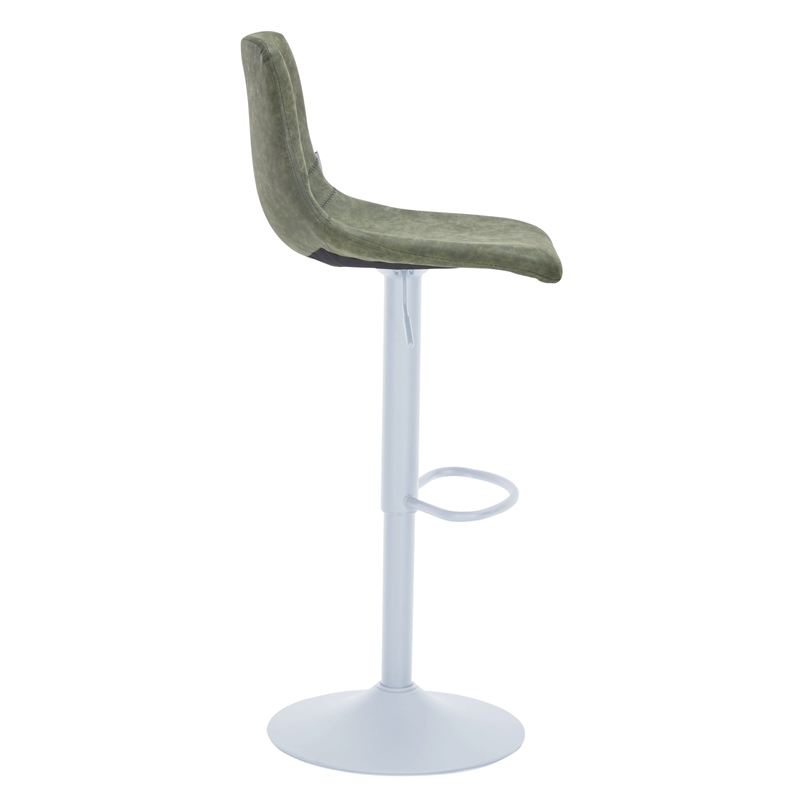 Adjustable Height Bar Stool in Leather with White Iron Base in Olive Green