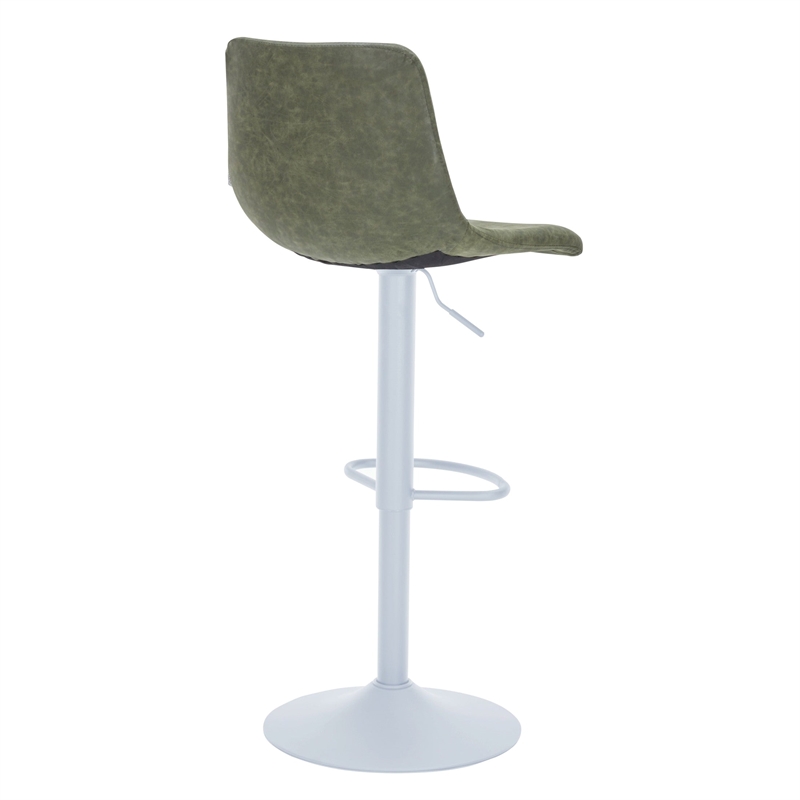 Adjustable Height Bar Stool in Leather with White Iron Base in Olive Green