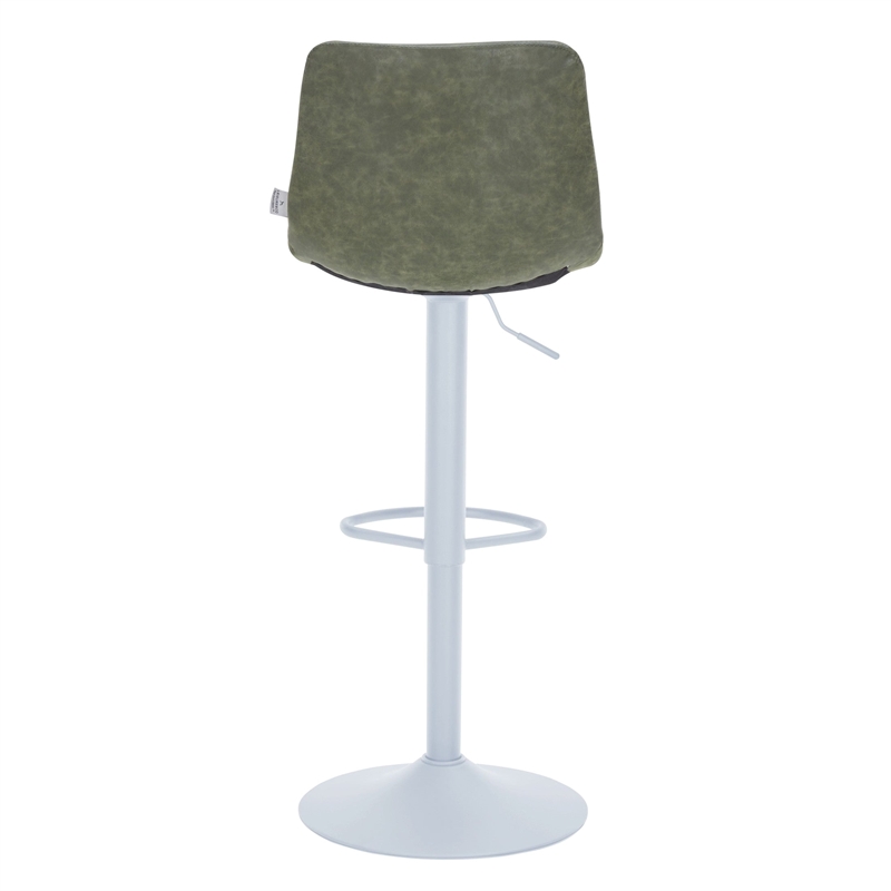 Adjustable Height Bar Stool in Leather with White Iron Base in Olive Green