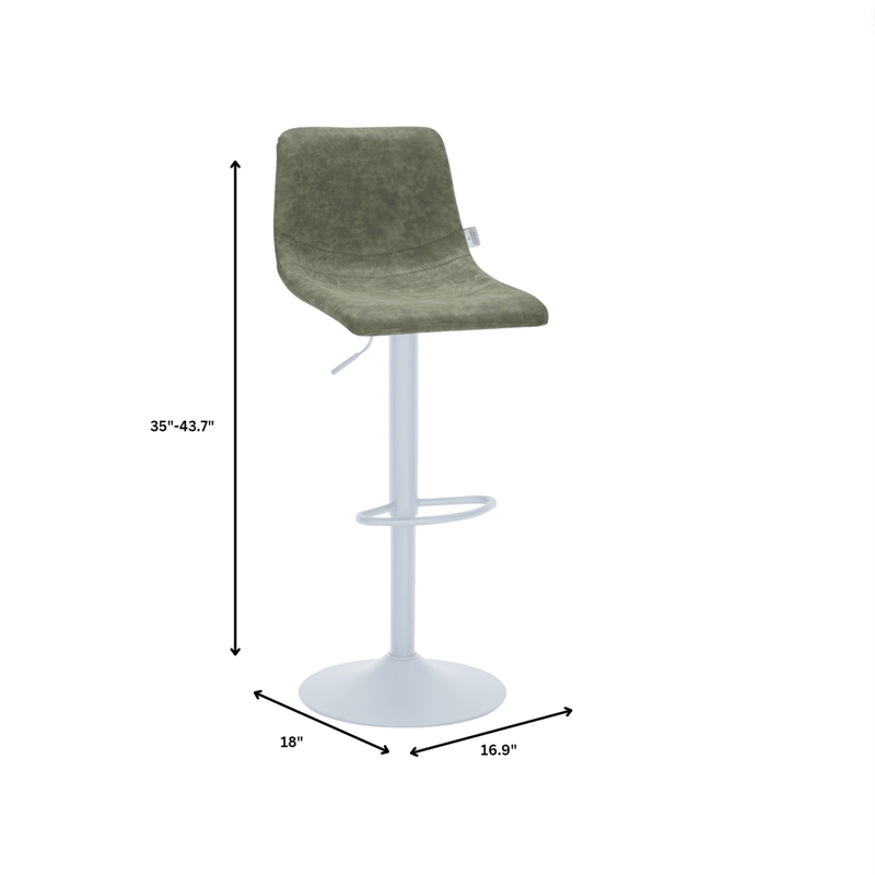 Adjustable Height Bar Stool in Leather with White Iron Base in Olive Green