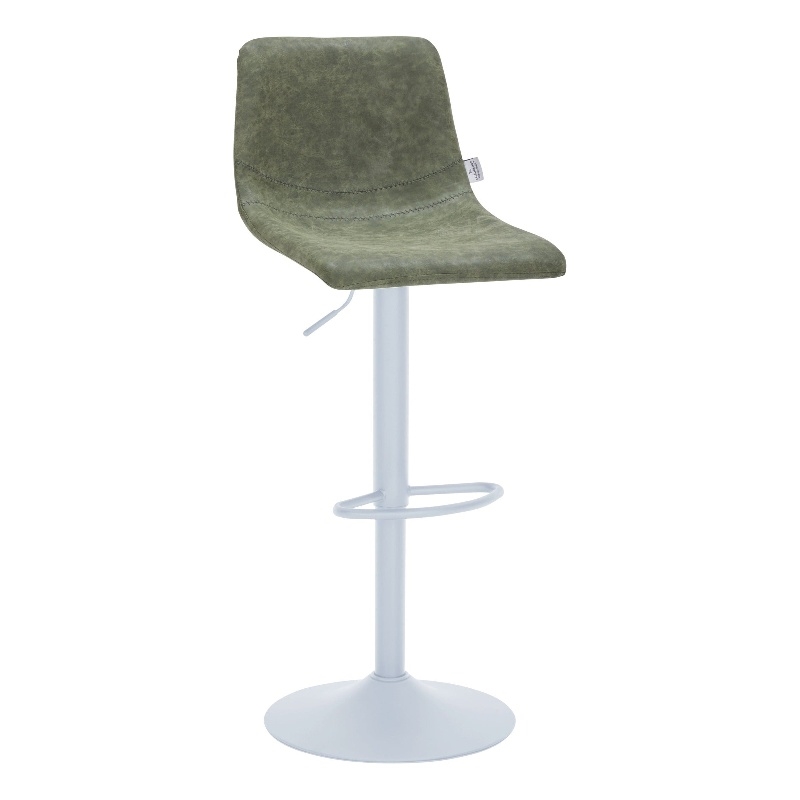 Adjustable Height Bar Stool in Leather with White Iron Base in Olive Green