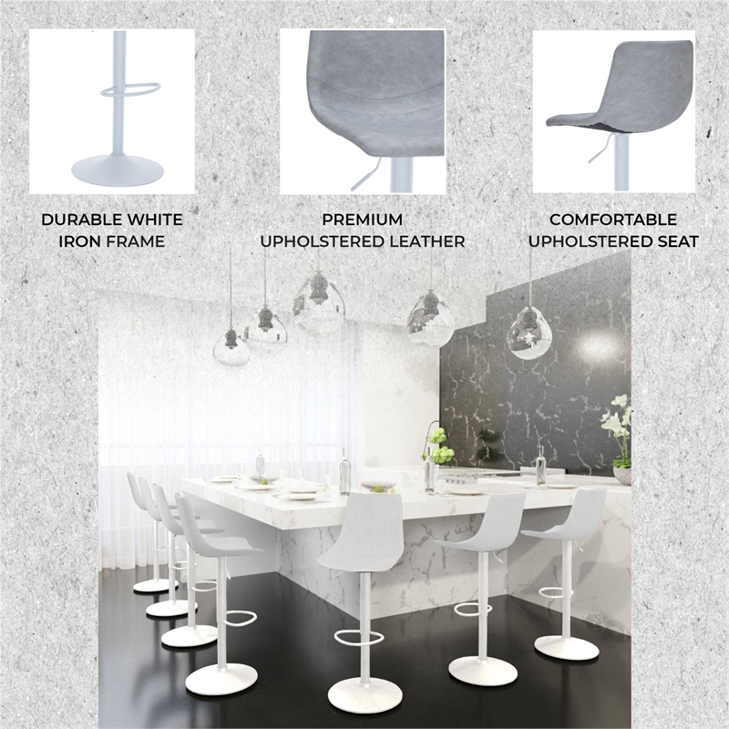 Adjustable Height Bar Stool in Leather with White Iron Base in Light Gray