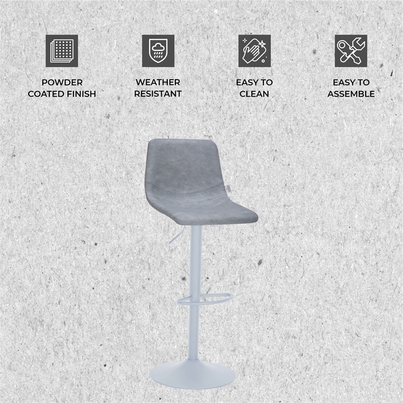 Adjustable Height Bar Stool in Leather with White Iron Base in Light Gray