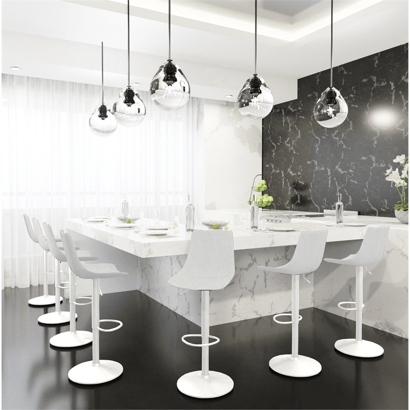Adjustable Height Bar Stool in Leather with White Iron Base in Light Gray